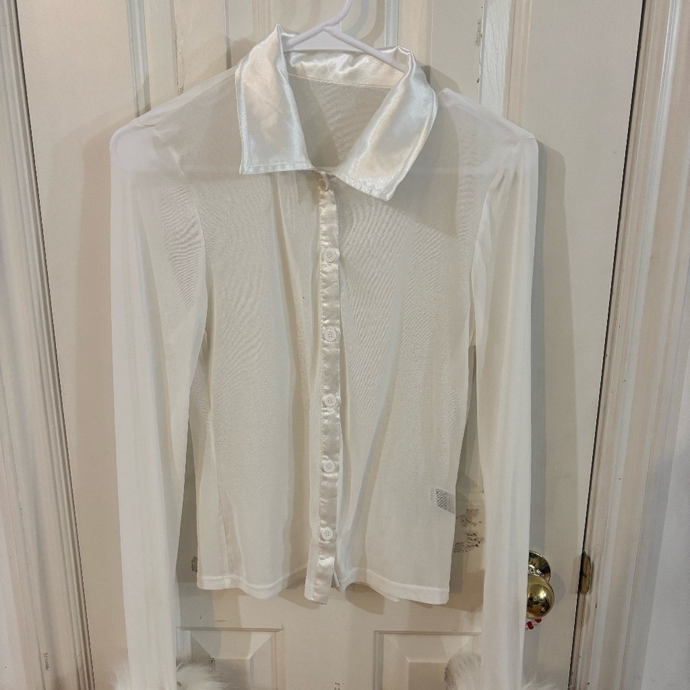 white c-thru sheer button up satin like collar and fluffy wrists